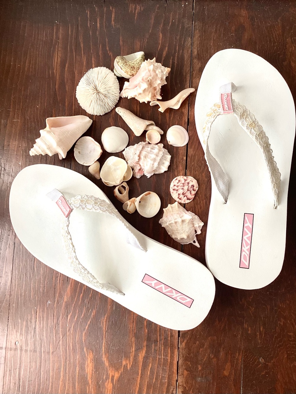 DKNY White Flip Flops with Pink Logo and Lace Straps